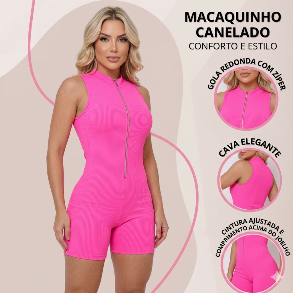 Macaquinho Fitness Feminino Modelador com Zíper Frontal | Canelado, Não Transparente, Conforto Premium