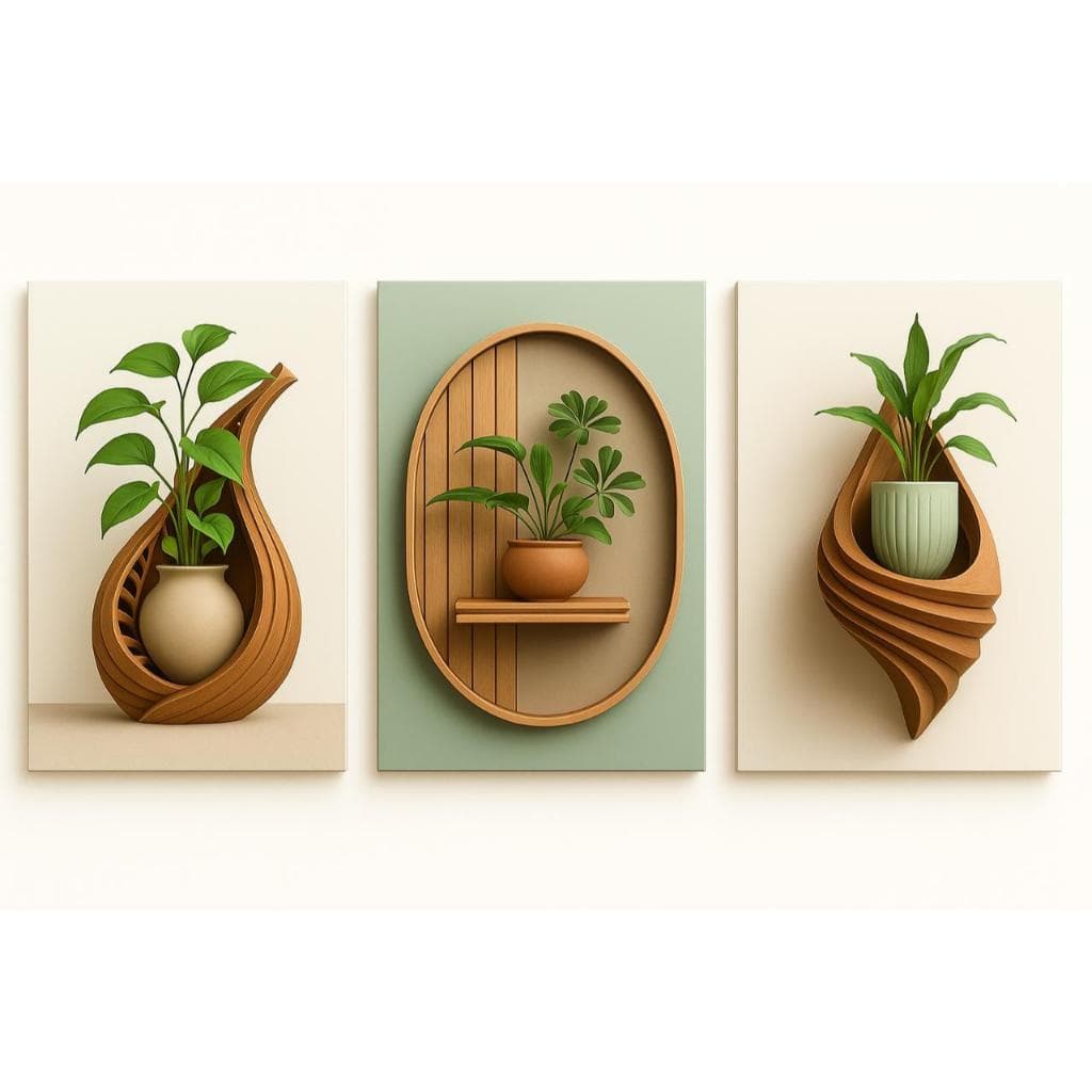 Quadro Decorativo 3 Peças Plantas Minimalista Madeira Sala Quarto Sofisticado