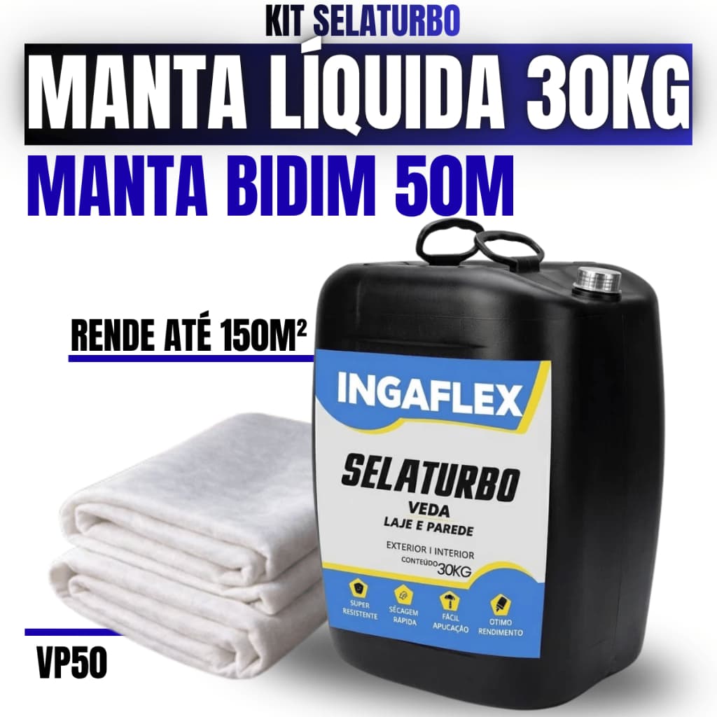Manta Líquida Emborrachada 30kg + Bidim 50m Impermeabilizante Laje Parede Telhado Alta Durabilidade