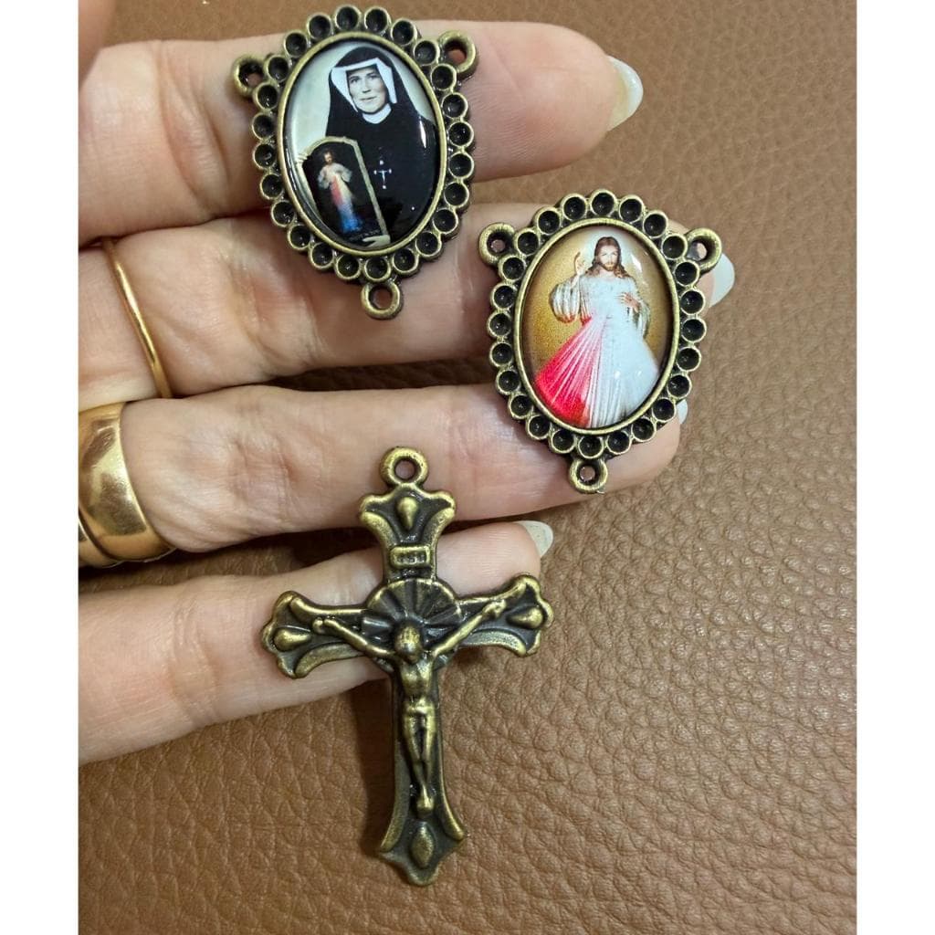Kit terço da Misericórdia - Entremeio Nº 361 + Cruz  Nº 10 - ( 1 Dupla ) Jesus Misericordioso + Santa Faustina