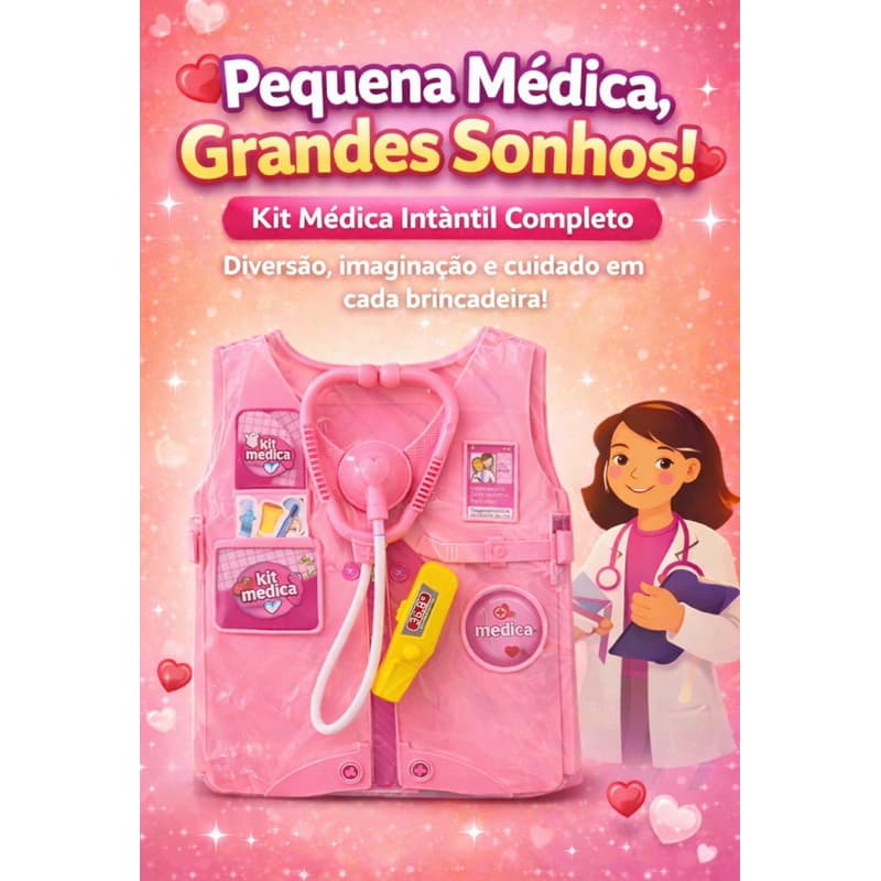Kit Médica Infantil com Colete + Estetoscópio + Termômetro | Fantasia Doutora Criança