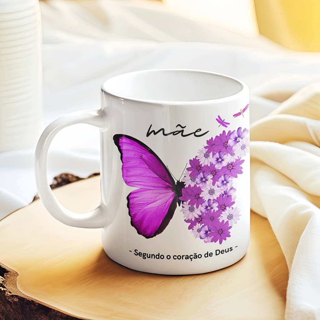 Caneca Dia das Mães Personalizada com Frases Religiosas e Borboleta Rosa Presente Criativo para Mãe