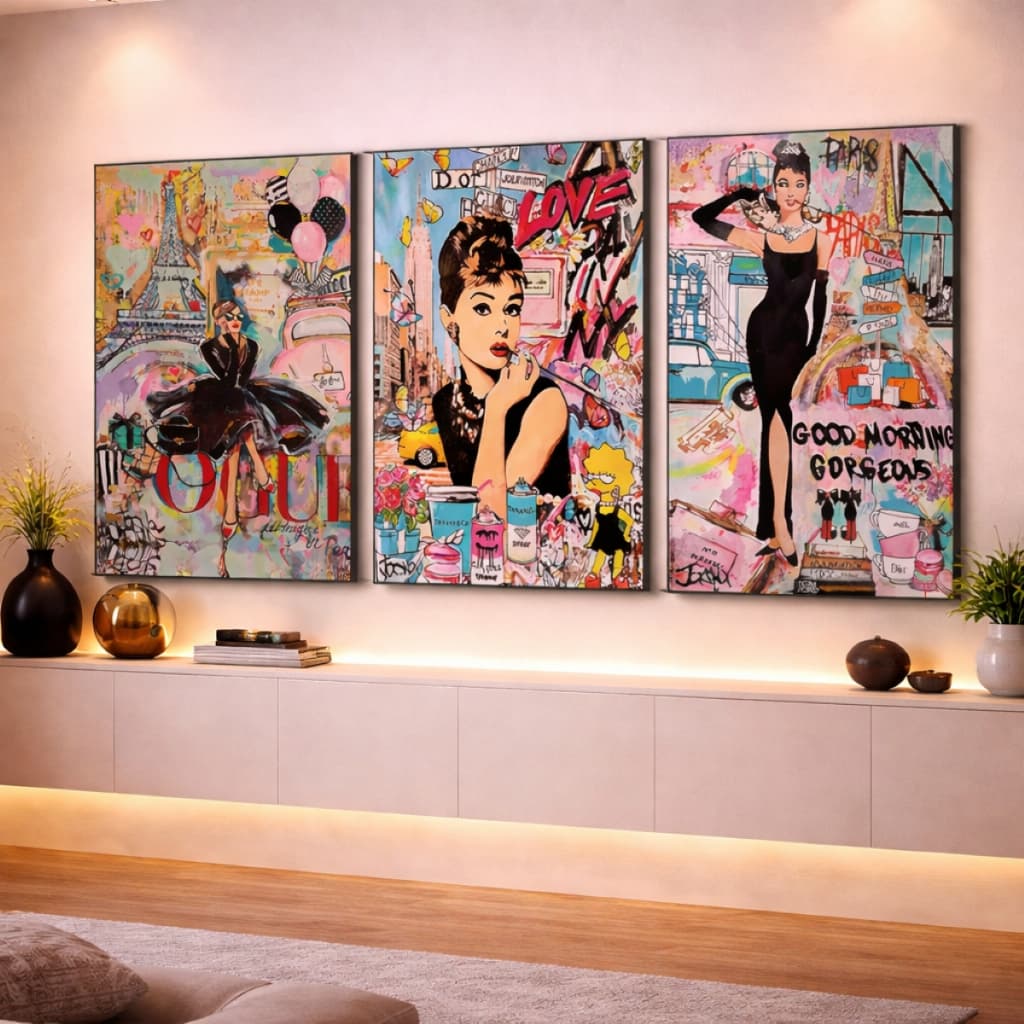Quadro Decorativo Estrela de Cinema Pop Torre Eiffel em Paris 3 Peças