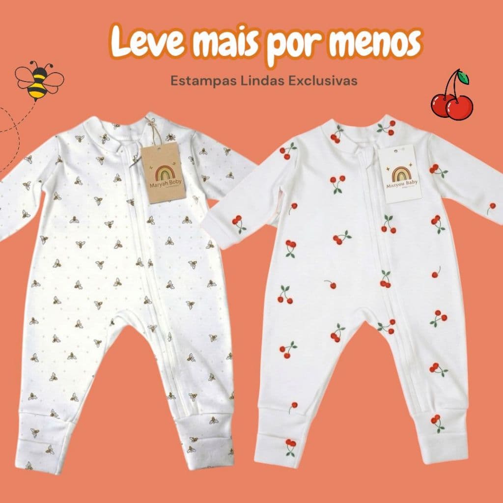 2 Macacões Bebê Menina Abelhinha/Cerejinha Vira Pé Quentinho com Zíper 100% Algodão RN ao GG