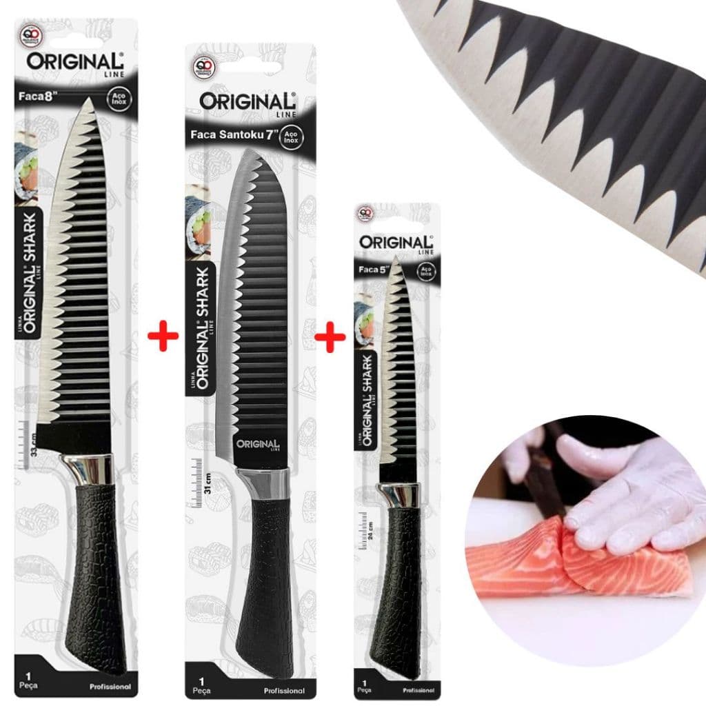 Kit 3 Facas Super Afiada Shark Chef Profissional Peixe Carne Legumes Cozinha 5" 7" e 8"