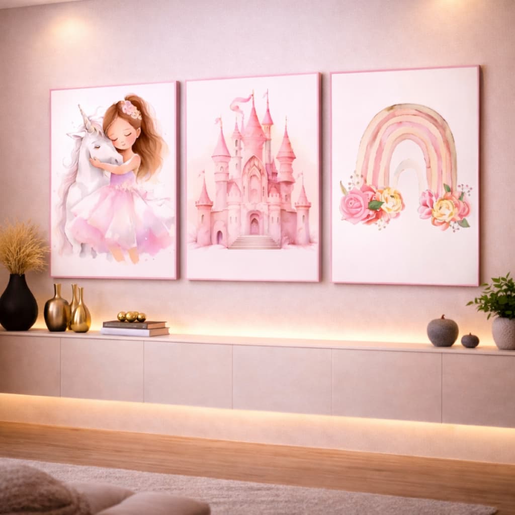 Quadro Decorativo Infantil Princesa Unicórnio Castelo Arco Iris Rosa 3 Peças