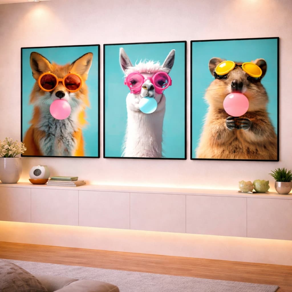 Quadro Decorativo Animal Raposa Lhama Capivara Chiclete Oculos Moderno Estilosos 3 Peças