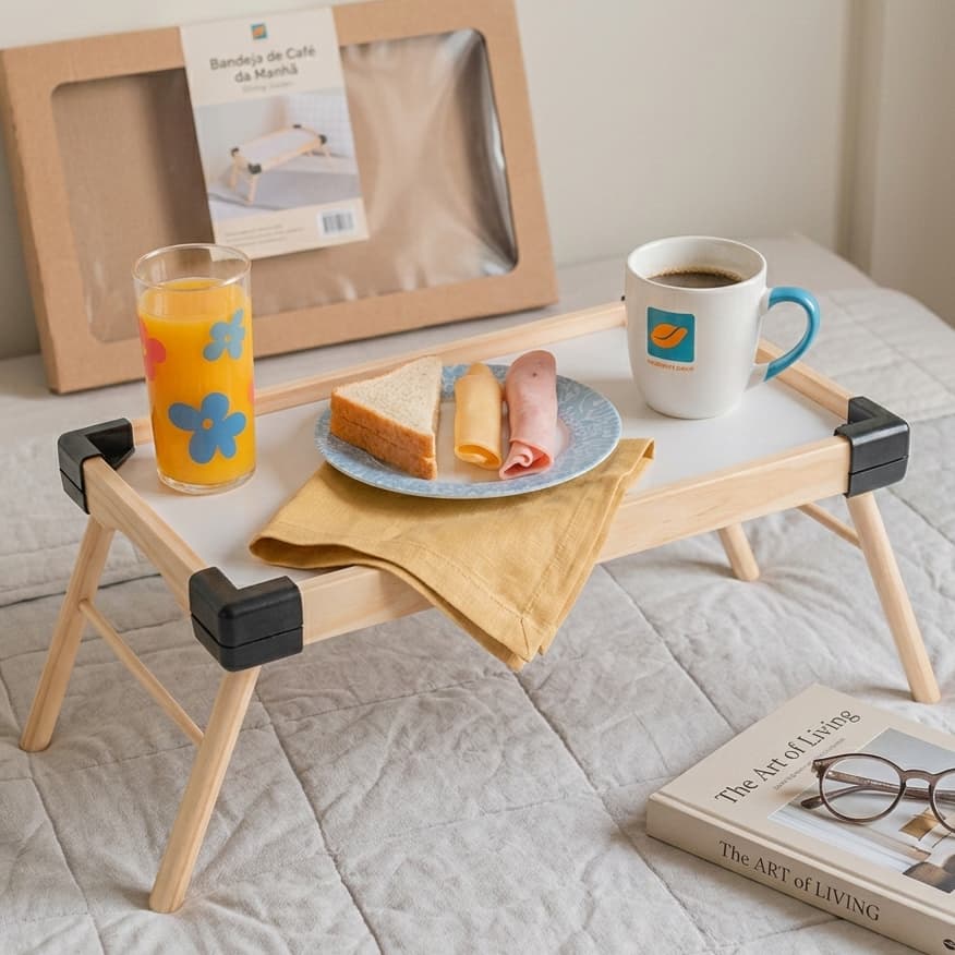 Bandeja Mesa De Cafe Com Pezinhos Para Café Da Manhã na Cama e Sofá 45x26cm