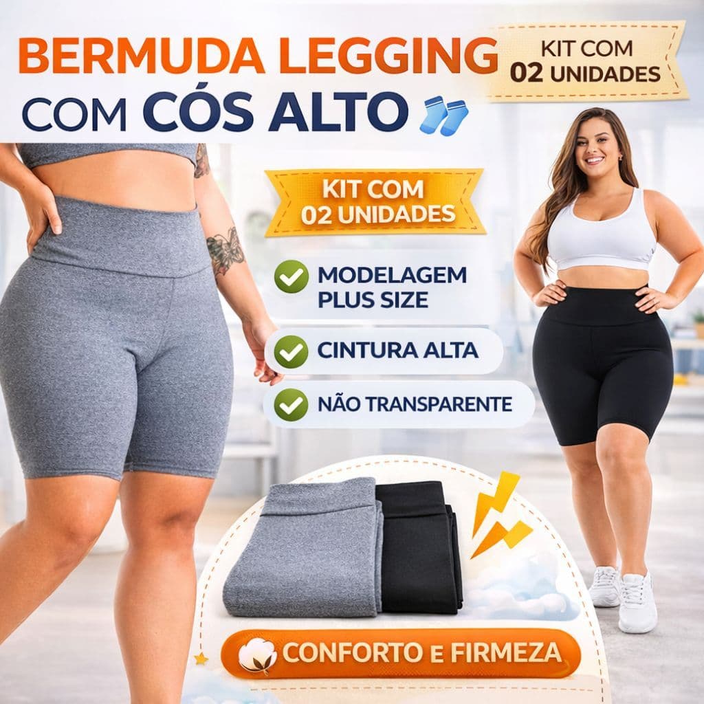 Kit 2 Bermudas Legging Feminina Cós Alto Academia Plus Size Suplex Não Transparente Modeladora