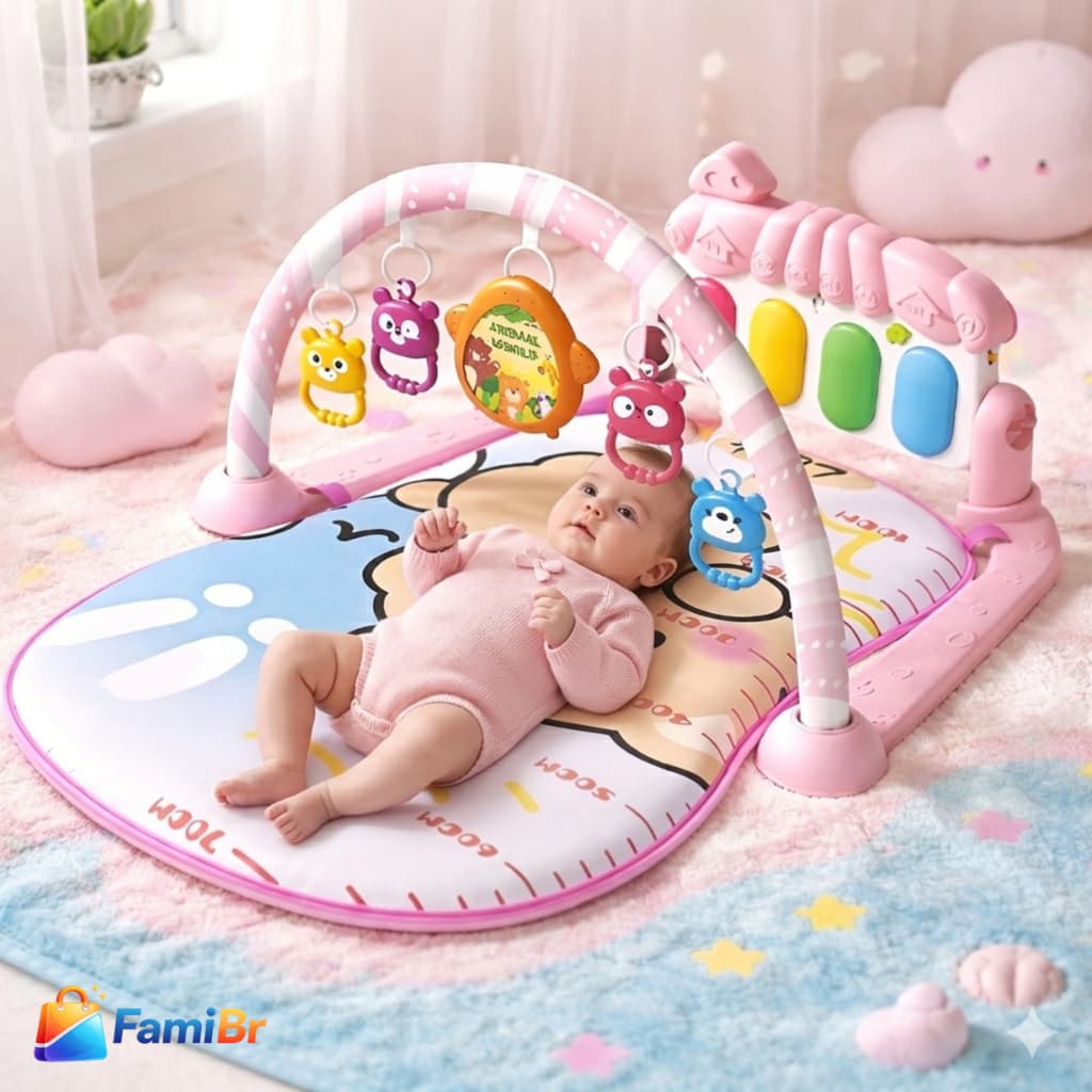 Tapete de Atividades Bebê com Piano Musical Interativo | Tapete Educativo com Brinquedos +3 Meses Rosa