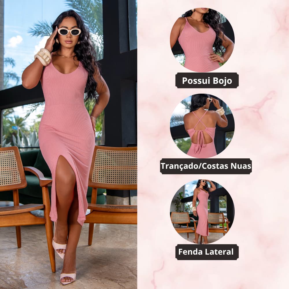 Vestido Midi Feminino Trançado Bojo Fenda Lateral Elegante Moderno Tubinho Envio Rápido