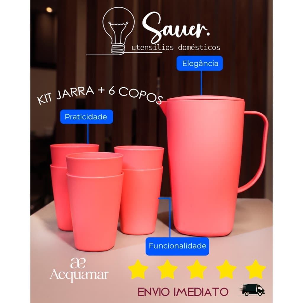 Jogo Jarra 2 Litros + 6 Copos 400ml Acquamar Reforçado Kit Refresco Suco Água Cozinha