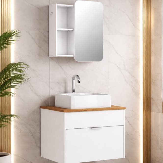 Conjunto Gabinete Suspenso + Armário Aéreo – Ideal para Banheiro Pequeno