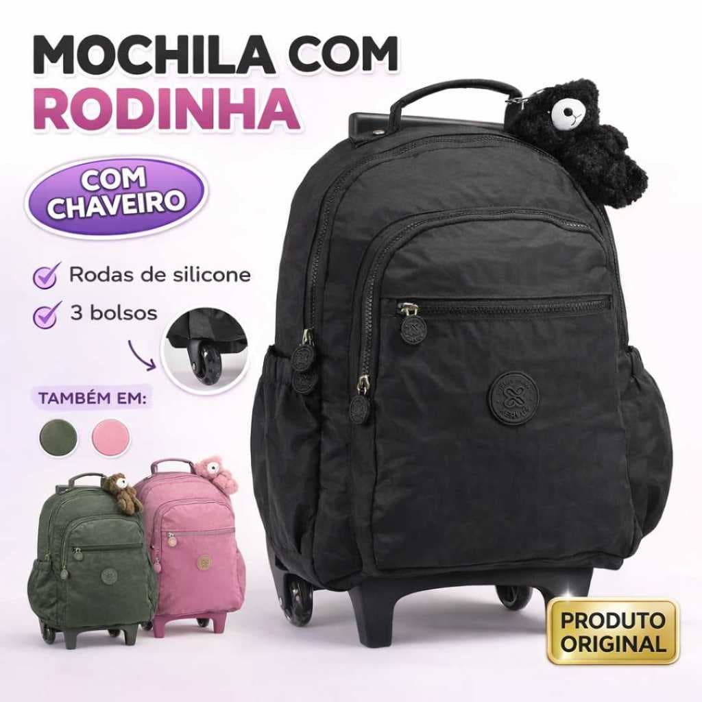 Mochila Rodinha Nylon c/ Chaveiro Ursinho Reforçada Lisa Juvenil Qualidade Tactel Escolar Resistente