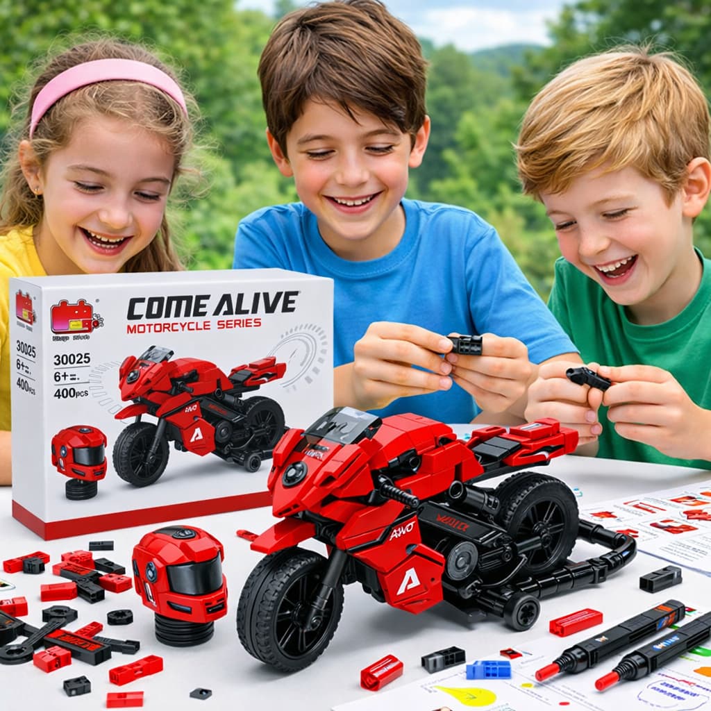 Blocos de Montar Moto Esportiva Vermelha 400 Peças – Kit Criativo