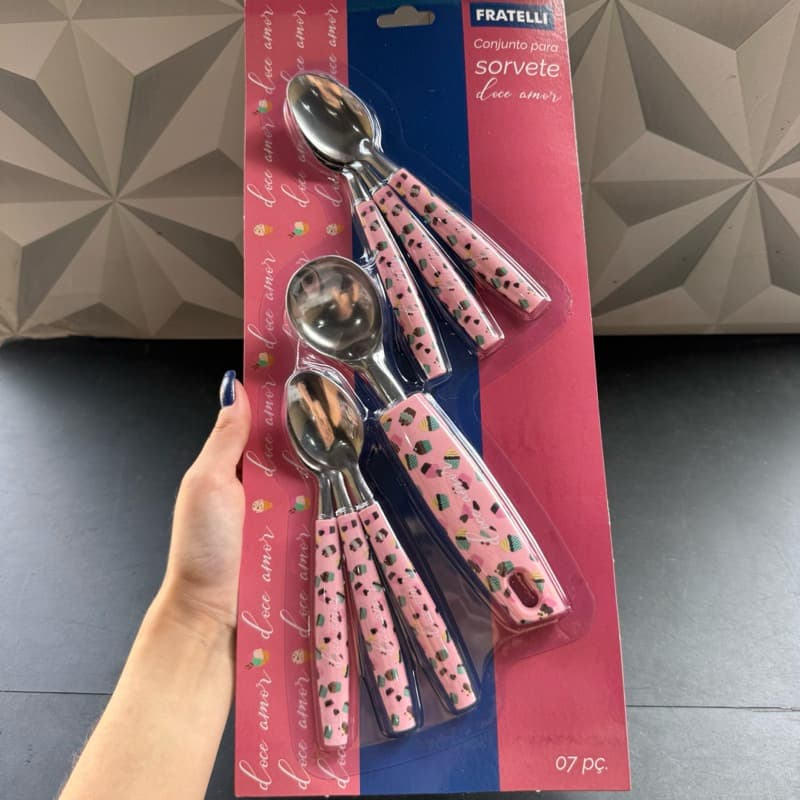 Jogo de sorvete rosa fofo para cozinha 7 peças colher de sorvetes e colheres de sobremesa colher kit decorado de inox