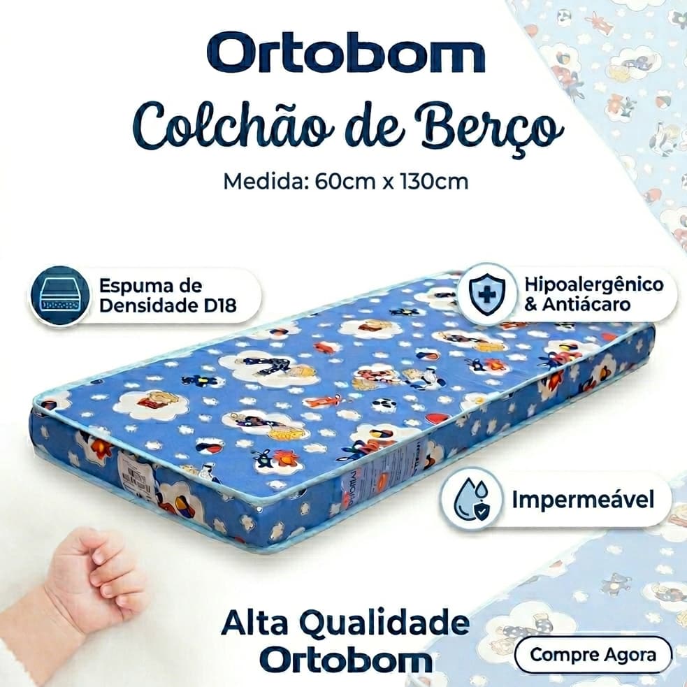 Colchão Berço Ortobom Baby Physical D18 Impermeável Antialérgico 60x130 Conforto e Segurança para Bebê