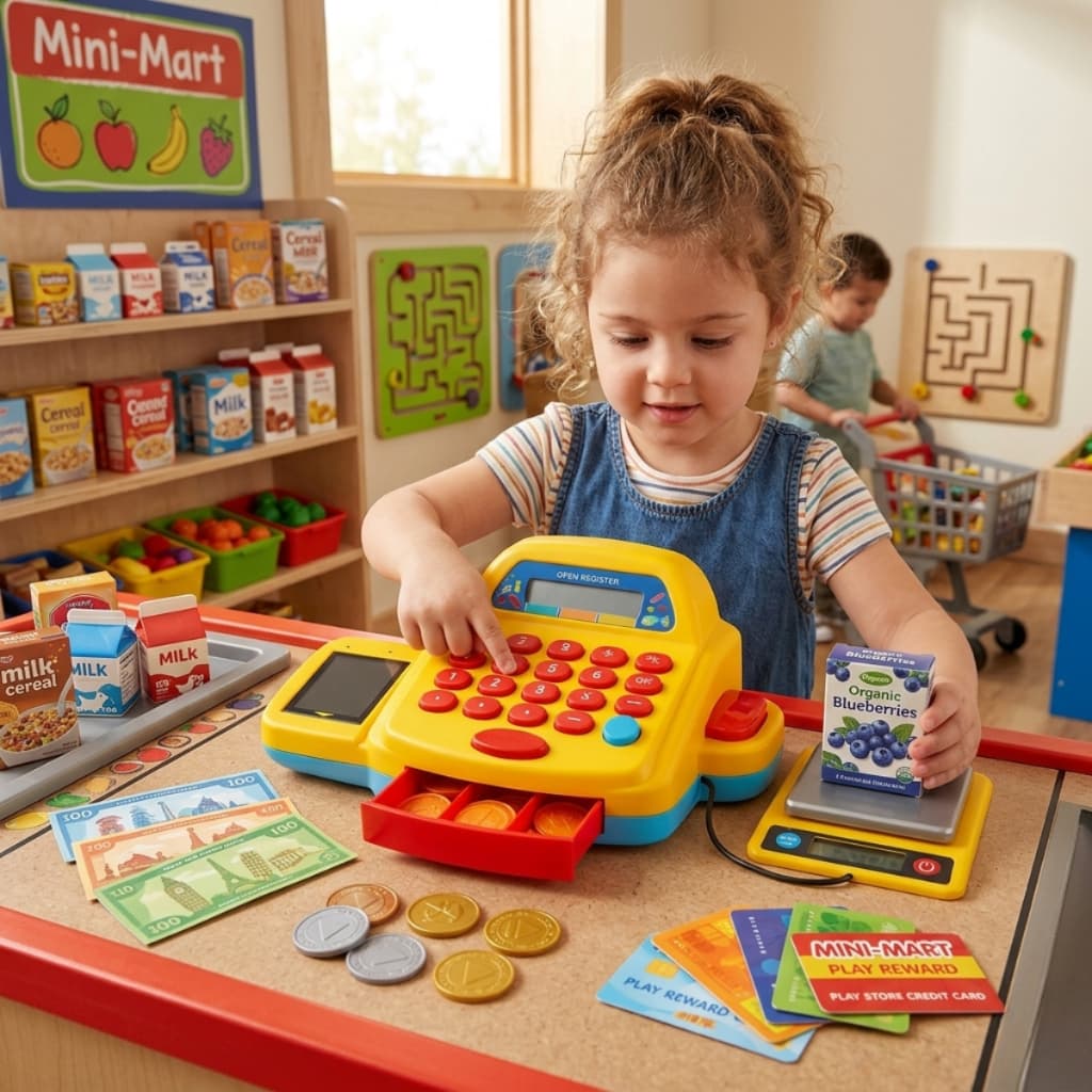 Caixa Registradora Mini Market Infantil c/ Acessórios 31 Peças Moedas Bilhetes Homeplay Envio Rápido