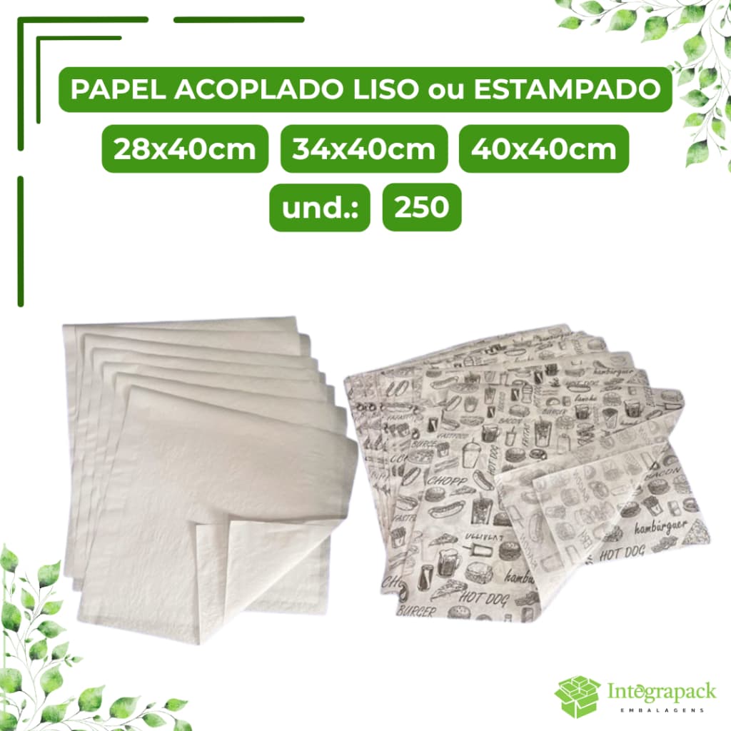 Papel Acoplado Liso ou Estampado Lanches Quentes Frios Embalagem Delivery Entregas
