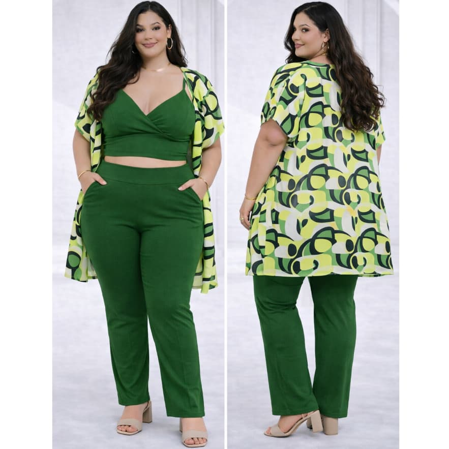Conjunto Plus Size Feminino 3 Peças Conjunto Kimono + Cropped + Calça Social Tam único 44 ao 48