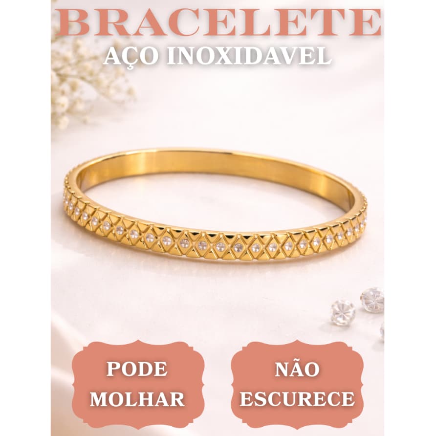 Bracelete Aço Inox com Zircônias Cravejadas Feminino Dourado Luxo | Não Escurece e Elegante