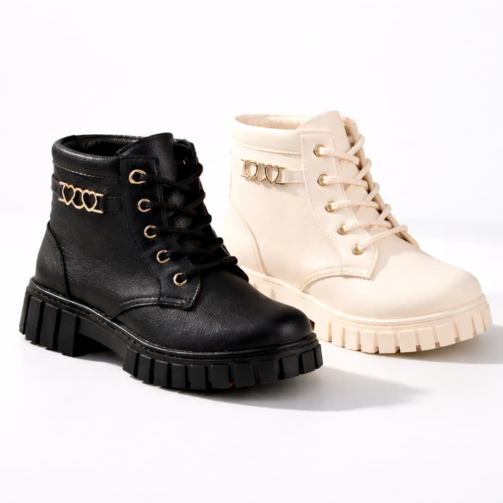 Bota Infantil Menina Coturno Leve Casual Detalhe Coração Couro Sintético Solado Antiderrapante