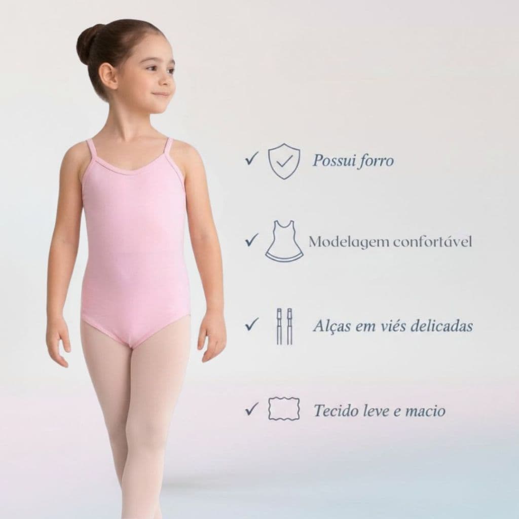 Collant Princesa Ballet Alça em Viés com Forro Bailarina Menina Aula Dança Conforto