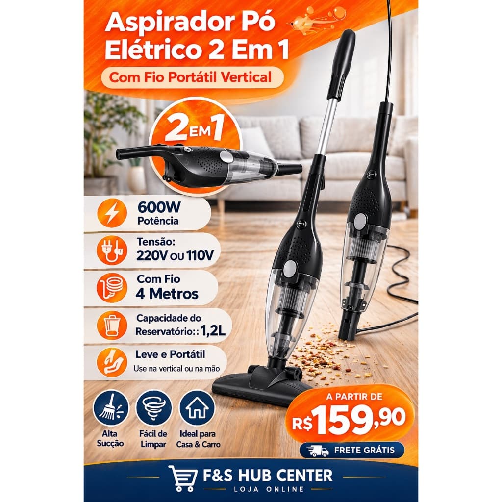 Aspirador Pó Elétrico 2 Em 1 Com Fio 110V ou 202v Portátil Vertical