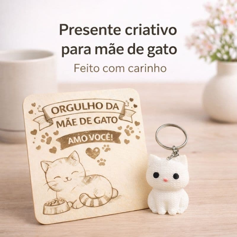 Presente Dia das Mães para Mãe de Gato Plaquinha MDF com Chaveiro Gatinho