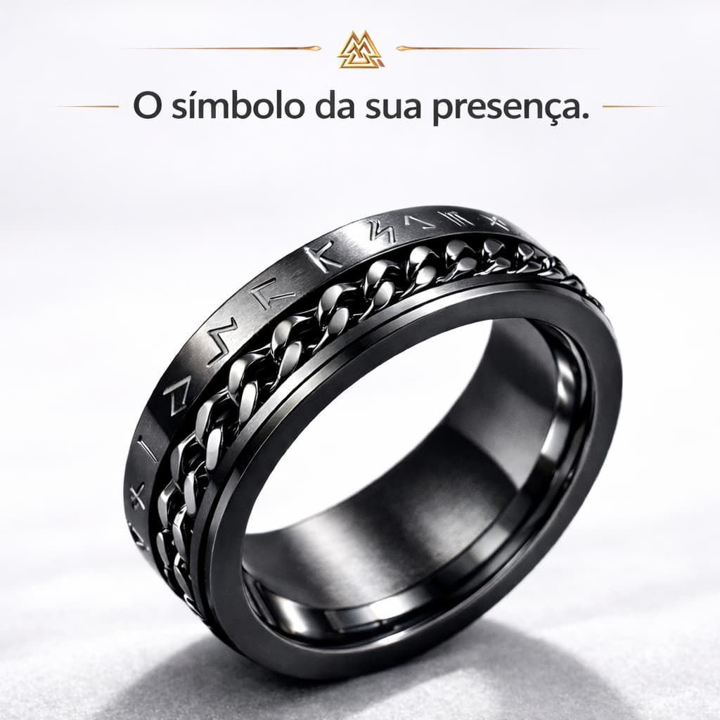 Anel Masculino Viking Preto Giratório ⚔️ com Runas Nórdicas Antiestresse Premium