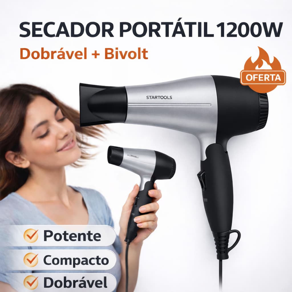 Secador Cabelo Portátil Dobrável Cinza 1200W Bivolt 110/220V 2 Velocidades