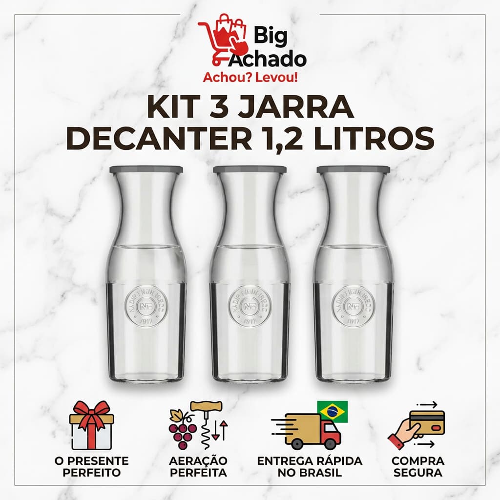 Kit 3 Jarras de Vidro Elegante Decanter 1.2l com Tampa para Cozinha Mesa e Geladeira Praticidade