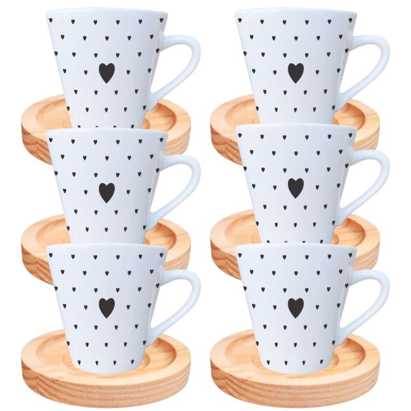 Jogo 6 Xicaras Porcelana 120ml Pires Madeira Café Chá Coração Amor Coração