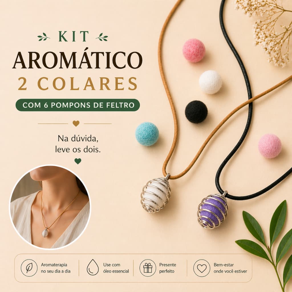 Kit 2 Colares Difusores Aromaterapia + 6 Pompoms | Colar Aromático Ajustável Preto e Bege | Óleos Essenciais