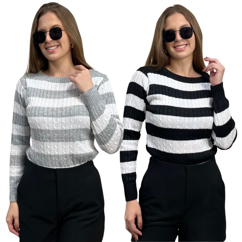 Kit 2 Suéter Trancinhas Feminino Bicolor Punho Canelado Inverno
