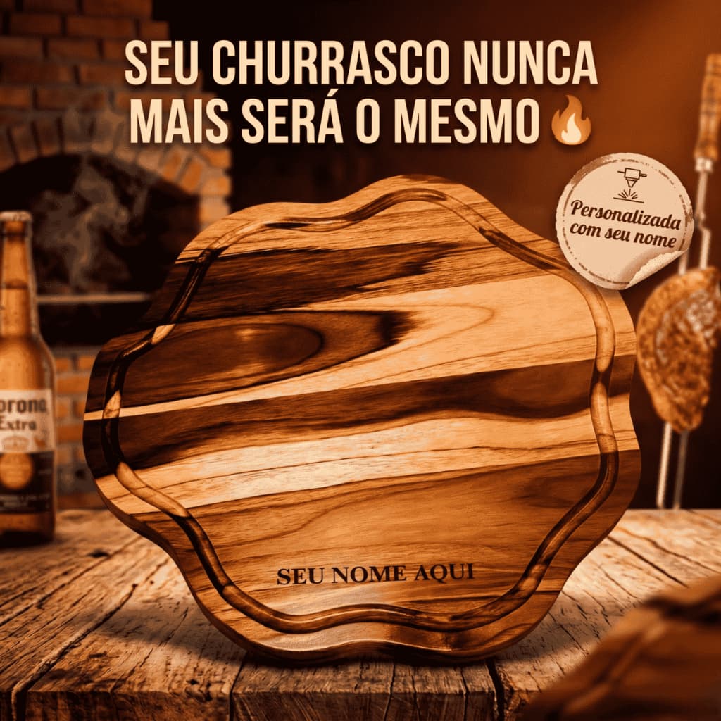 Tábua De Carne Churrasco Madeira Teca Rustica 39cm Personalização de Nome Para Presente