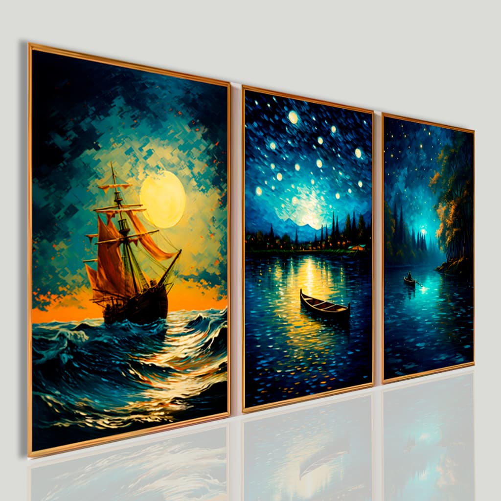 Kit 3 Quadros Decorativos Paisagem Noturna Barco Mar Lua Abstrato Sala Quarto Luxo Moderno