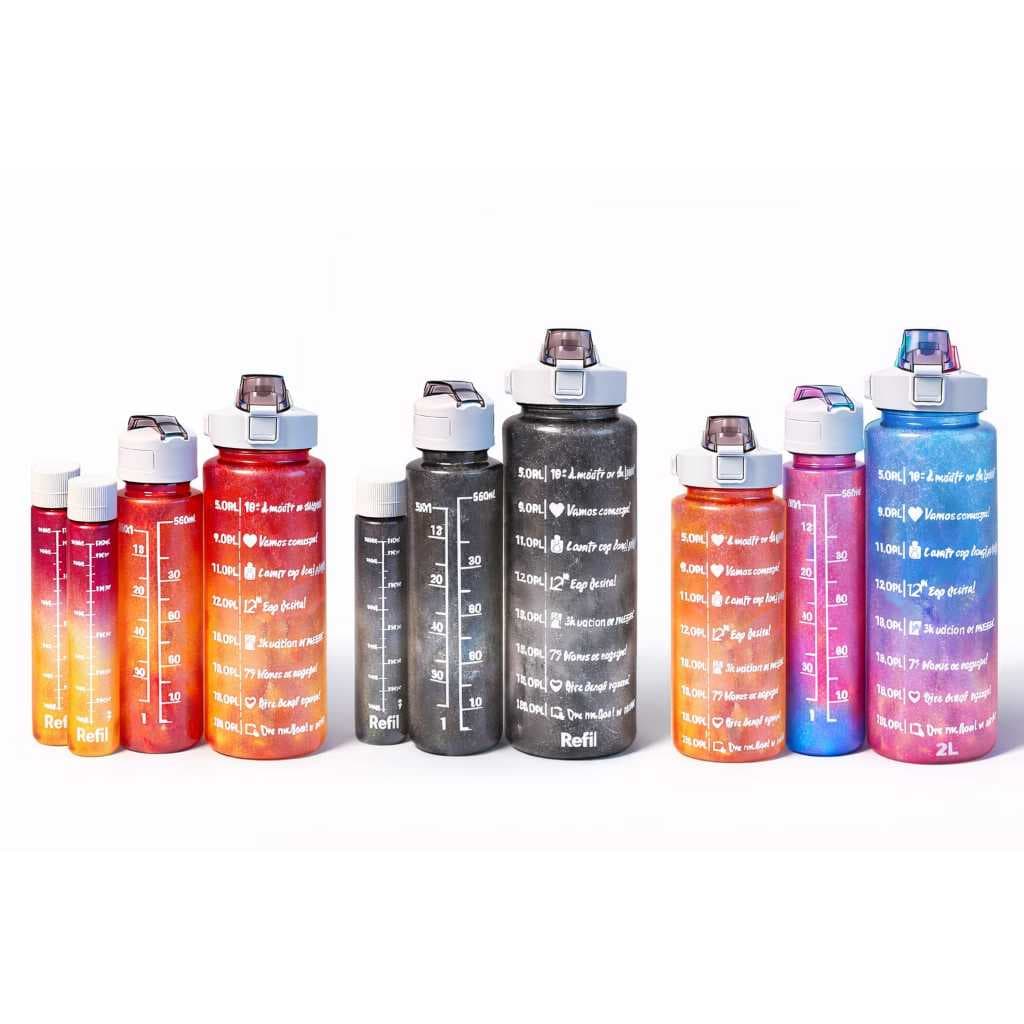 Garrafa Motivacional Gradient 560ml, 900ml e 2L | Squeeze com Marcador de Horário | Kit ou Unidade | Fitness e Hidrataçã