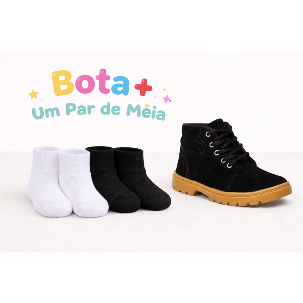 KIT BOTA INFANTIL + MEIA PRETA BRANCA BASICA Menino Menina BOTINHA Infanto Juvenil Tam 28 ao 35 Segurança ENVIO IMEDIATO