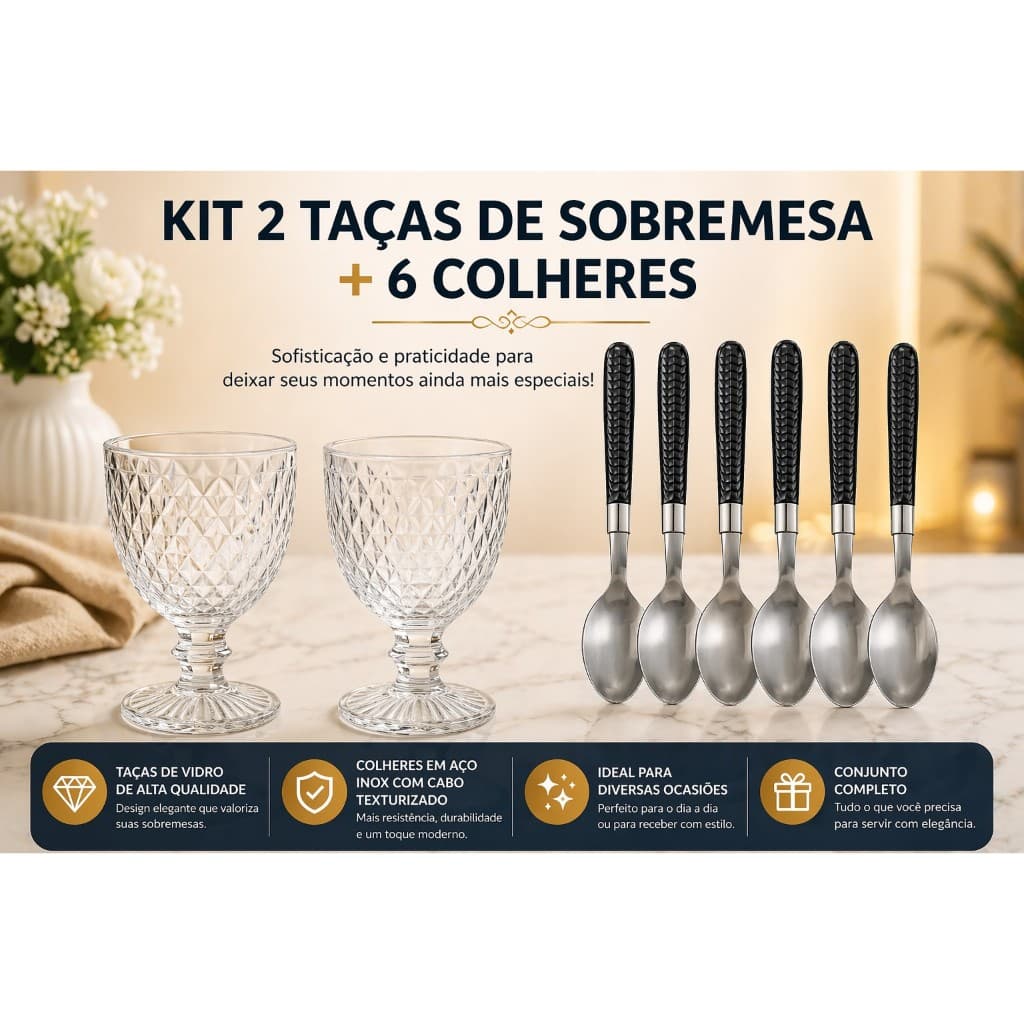 Kit taça para sobremesa pudim pavê frutas doces mais 6 colheres
