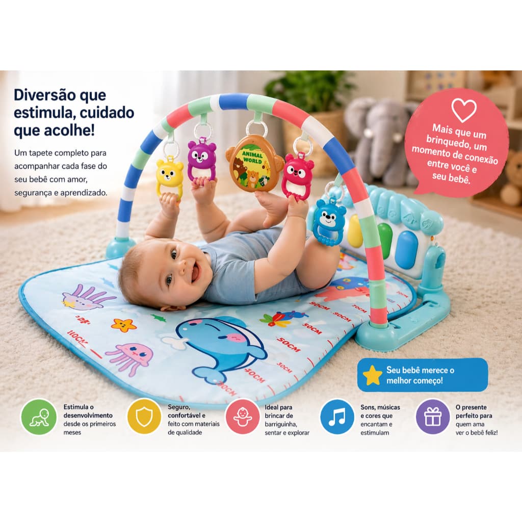 Tapete Atividades Musical Bebê Piano Interativo Colorido Sons Educativos Sensor Motora