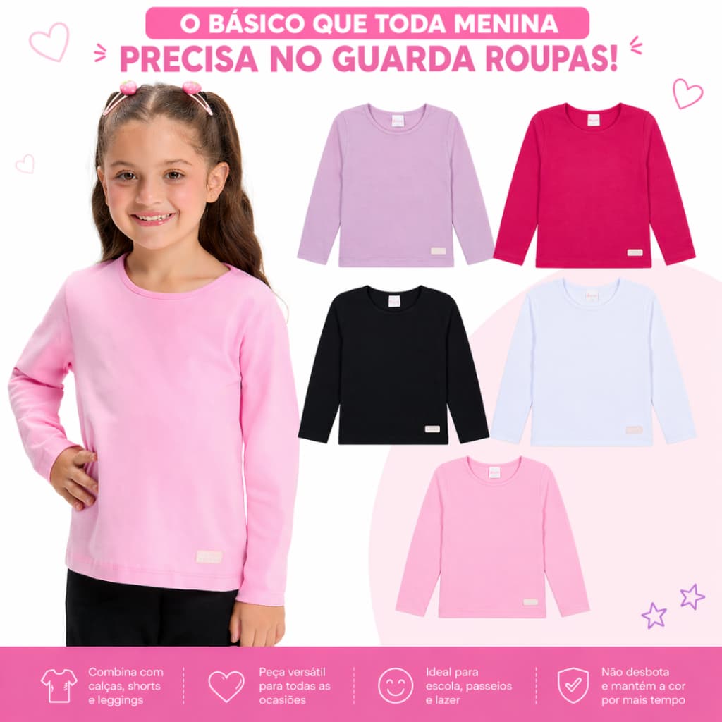 Kit 2 ou 5 Blusa Manga Longa Infantil Menina Inverno Algodão 2 ao 10 anos