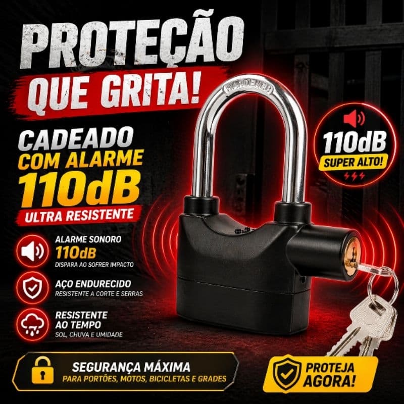 Cadeado com Alarme 110dB Antifurto Ultra Resistente Aço para Moto Portão Bicicleta