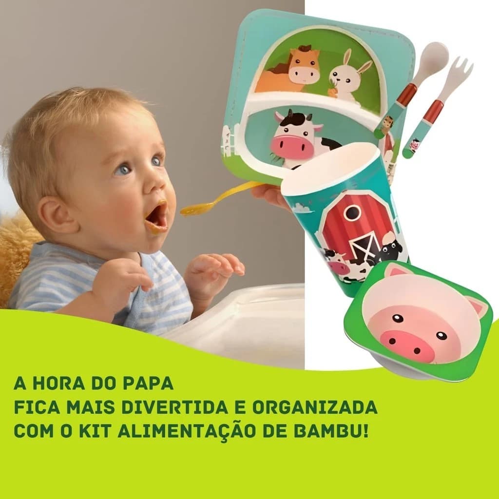 Kit Alimentação Infantil Em Fibra De Bambu 5 Pcs Prato Garfo Colher e Copo