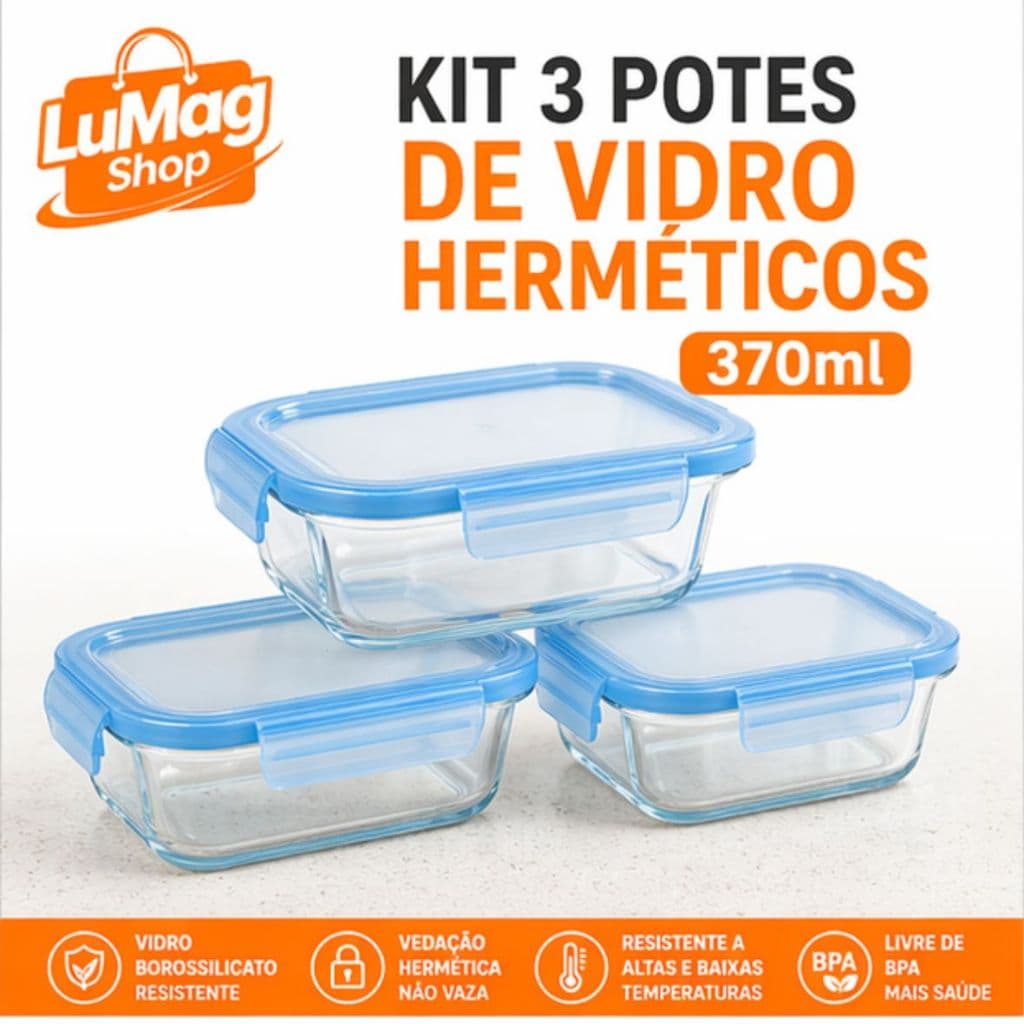 Kit 3 Potes Vidro Hermético 370ml com Tampa Resistente Vedação Segura Marmita Geladeira Organização