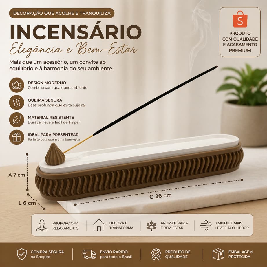 Incensário Porta Incenso Moderno Decorativo 26cm Suporte Incenso Zen Aromaterapia Casa Sala Quarto