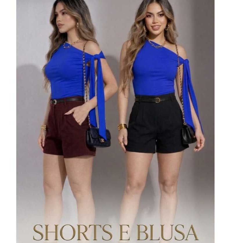 Conjunto Feminino Blusa Ajustada e Short Cintura Alta Elegante