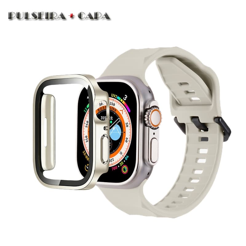 Conjunto Pulseira Silicone Onda + Case Protector PC Banhado Compatível Apple Watch 49mm 46mm 45mm 44mm 42mm 41mm 40mm
