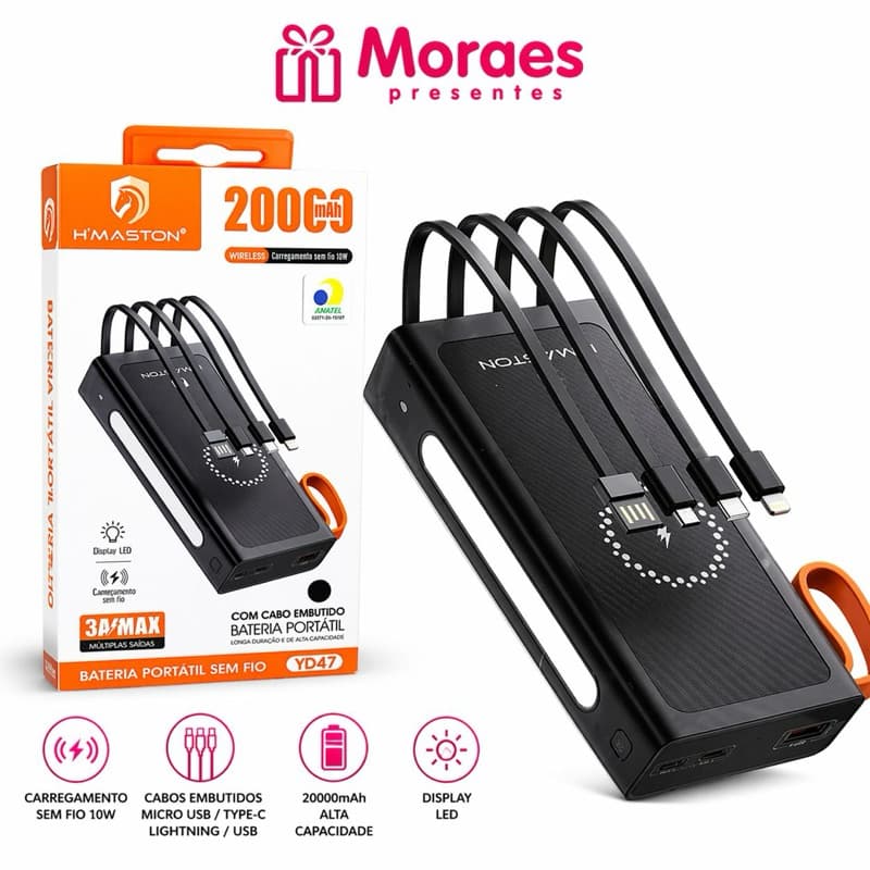 Power Bank H’Maston 20000mAh com Carregamento por Indução (Wireless) – Modelo YD47