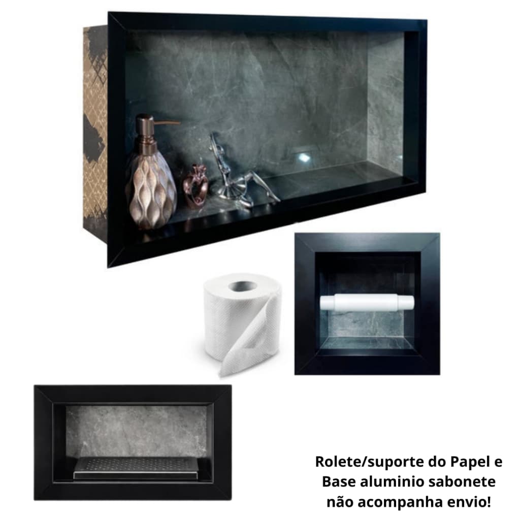 Kit 3 Nicho Grafite Borda Preta Saboneteira e Porta Papel Higiênico Porcelanato